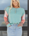Colorblock Corded Knit Long Sleeve Henley Top