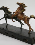 Extra Large Two Racing Horses Stallion on Natural Wood Bronze Sculpture Statue