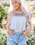 Angie Boho Embroidered Floral Print Flutter Sleeve Blouse