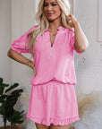 Lorelei Half Zip Puff Sleeve Top and Ruffled Shorts Set