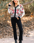 Floral Knit Button-Front V-Neck Cardigan