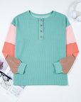 Colorblock Corded Knit Long Sleeve Henley Top