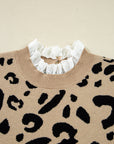 Leopard Lace Ribbed Trim Buttoned Cuff Sweater