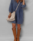 Denim 3/4 Sleeve Tied V-Neck Pleated Mini Dress