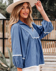 Nevaeh Lace Ric Rac 3/4 Puff Sleeve Collared Babydoll Blouse