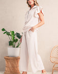 Textured Ruffle Sleeve Zipped Top and Wide Leg Pants Set