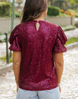 Lenora Glittering Sequin Short Bubble Sleeve Blouse