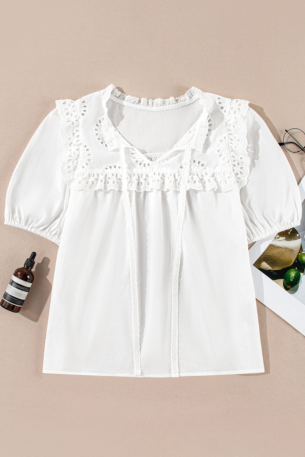 Ivory Embroidered Lace Tie Blouse