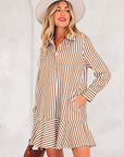 Stripe Ruffle Hem Collared Long Sleeve Shirt Mini Dress