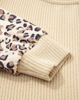 Leopard Patchwork Sleeve Ribbed Knit Scoop Neck Top