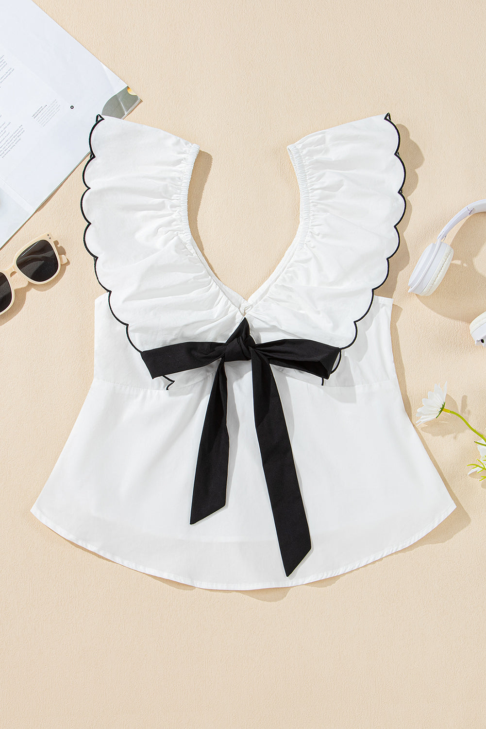 Azariah Contrast Bow Ruffle Trim V Neck Blouse