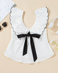 Azariah Contrast Bow Ruffle Trim V Neck Blouse