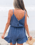 Aspyn Spaghetti Straps Ruffled Leg Chambray Romper