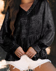Solid Metallic V-Neck Puff Sleeve Babydoll Blouse
