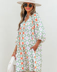 Reagan Floral Print 3/4 Sleeve Notched Neck Mini Dress