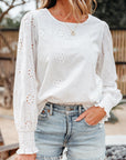 Solid Eyelet Embroidered Long Sleeve Blouse
