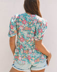 Amaris Notched Neck Puff Short Sleeve Floral Blouse