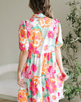 Floral Puff Sleeve Buttoned Collar Babydoll Dress