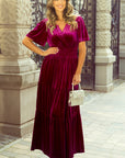Katherine Velvet Short Sleeve Shirred Waist Tiered Dress