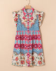 Floral Ruffle Flutter Sleeve Buttoned Mini Dress