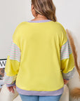 Yellow Striped Color Block Patchwork Crewneck Plus Size Pullover Sweatshirt