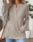 Solid Ribbed Knit Drop Shoulder Henley Top