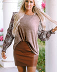 Floral Patchwork Ruffle Tiered Sleeve Crewneck Blouse