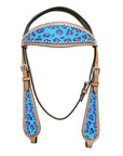 HILASON Western Horse Leather Headstall & Breast Collar Set Turquoise Cheetah