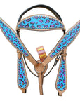 HILASON Western Horse Leather Headstall & Breast Collar Set Turquoise Cheetah