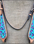 HILASON Western Horse Leather Headstall & Breast Collar Set Turquoise Cheetah