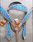 HILASON Western Horse Leather Headstall & Breast Collar Set Turquoise Cheetah