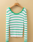 Stripe Scalloped Scoop Neck Ribbed Knit Sweater