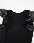 Solid Ribbed Leatherette Ruffle Sleeve Bodysuit