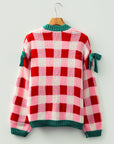 Plaid Bow Open Front Sweater Knit Cardigan