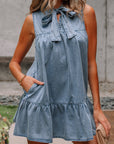 Chambray Bow Neck Sleeveless Ruffle Dress