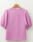 Solid Textured Round Neck Puff Sleeve Blouse