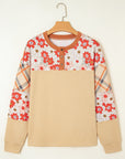 Floral Plaid Patchwork Long Sleeve Henley Top