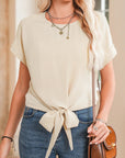 Solid Knotted Hem Short Sleeve Blouse