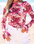 Floral Mesh Flounce Sleeve Mock Neck Blouse