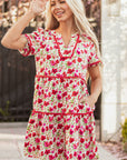 Floral Ricrac Puff Sleeve Pocketed Tiered Mini Dress