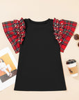 Plaid Patchwork Pearl Ruffle Sleeve T-Shirt