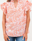 Nancy Floral Ruffle Sleeve Split Neck Blouse
