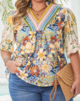 Plus Size Floral V-Neck Puff Sleeve Blouse