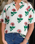 Floral Shirred Split Neck Blouse