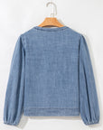 Solid Denim Tie-Front Puff Sleeve Top