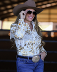 GOLD GILDED VELVET WITH FRINGE PERFORMANCE RODEO SHIRT