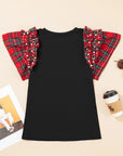 Plaid Patchwork Pearl Ruffle Sleeve T-Shirt