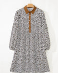 Plus Size Leopard Half-Button Collared Puff Sleeve Dress