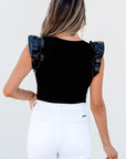 Solid Ribbed Leatherette Ruffle Sleeve Bodysuit