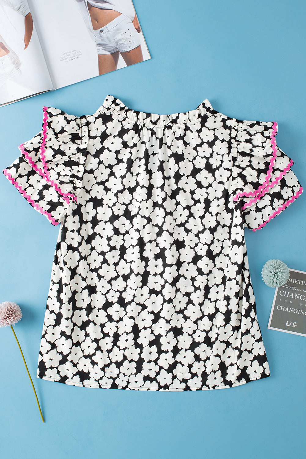 Capri Floral Ric Rac Ruffle Sleeve Blouse